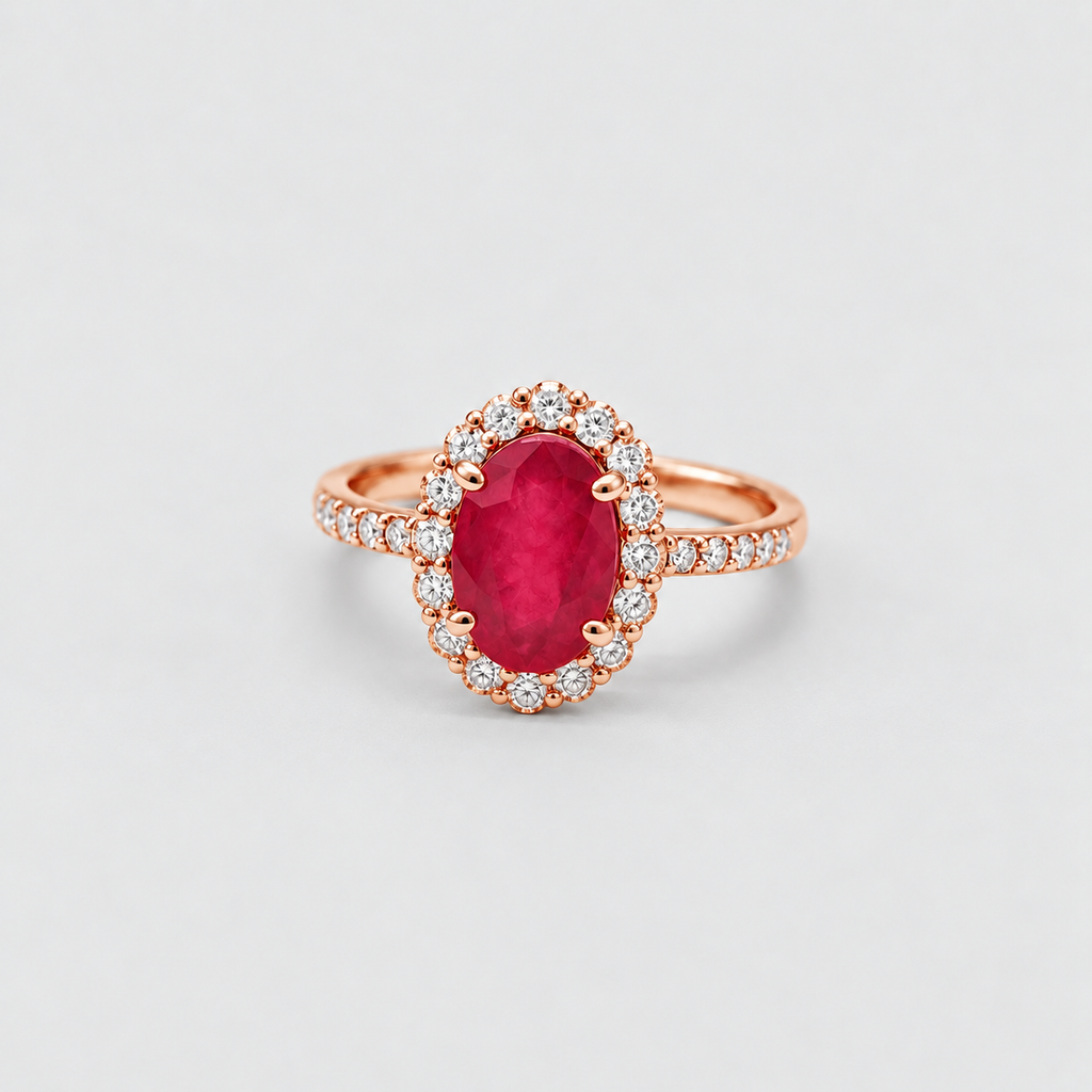A rose gold ring featuring an oval-cut red ruby center stone surrounded by a halo of small clear stones, with a pavé-set band, shown on a light gray background.