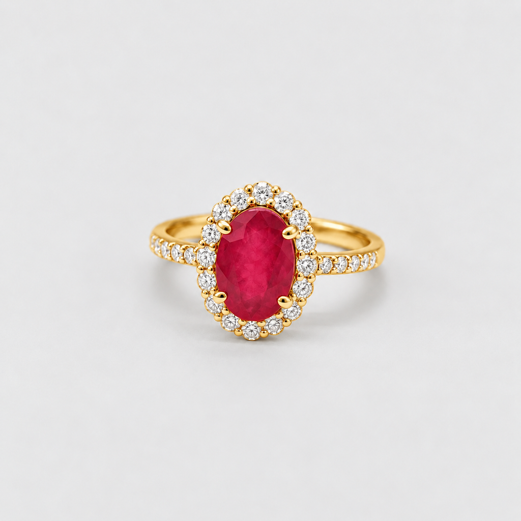 A yellow gold ring featuring an oval-cut pinkish-red center stone surrounded by a halo of small clear stones, with the band also accented by small clear stones, set against a light gray background.