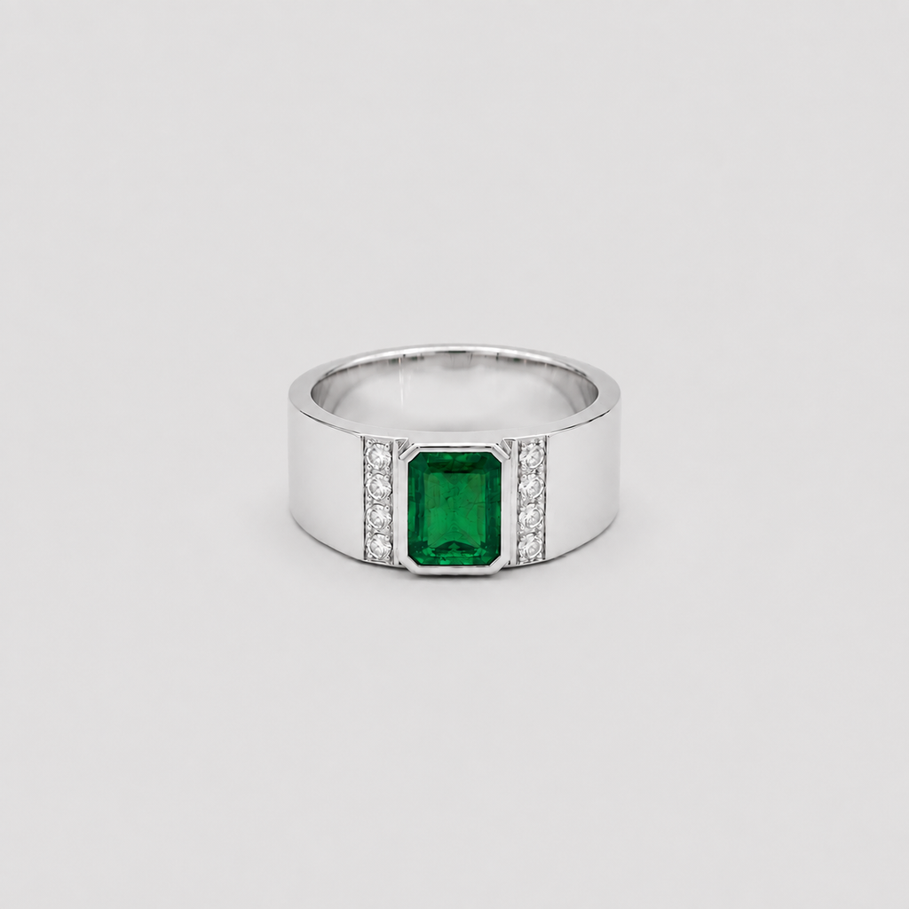 2.20 Ct. Emerald Cut Emerald & Diamond Solitaire Men Ring
