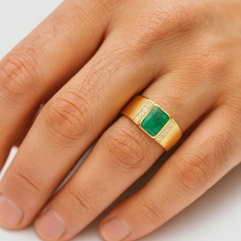 2.20 Ct. Emerald Cut Emerald & Diamond Solitaire Men Ring