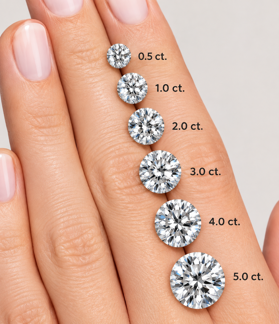 A close-up of a hand showing a series of round brilliant-cut diamonds labeled by carat size: 0.5 ct.