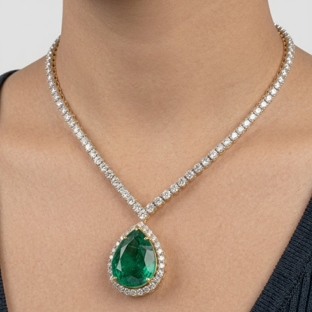 Natural Diamond Emerald Necklace for Women | Luxury Diamond Pendant Necklace | Premium Fine Jewelry