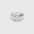 A silver-toned men's ring featuring an octagonal bezel-set round diamond on a ribbed shank, shown against a plain light gray background.
