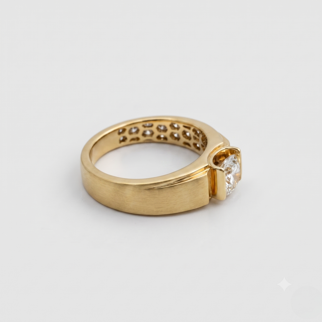 Gold ring with a diamond on a light gray background