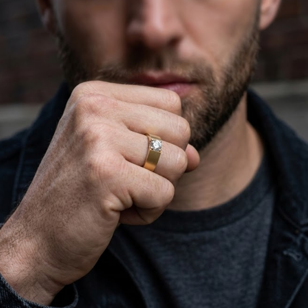 A close-up of a man wearing a gold band ring with a clear round gemstone on his ring finger, dressed in a dark denim jacket and gray t-shirt against a blurred brick wall background.