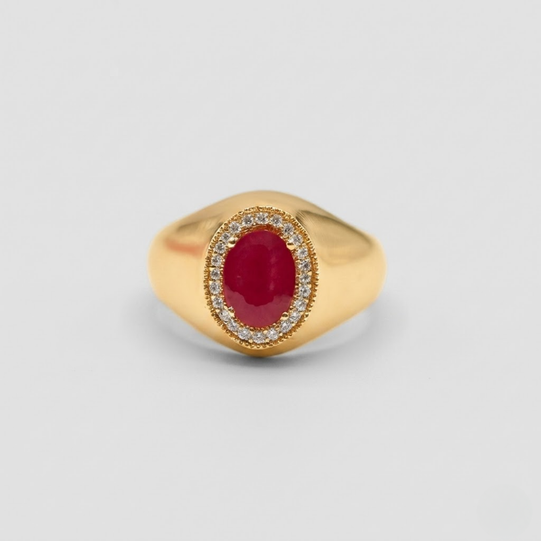 3.30 Ct. Lab-Grown Diamond & Oval Cut Ruby Halo Men Ring