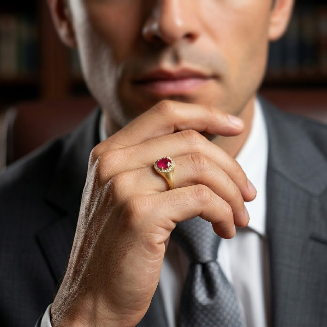 3.30 Ct. Lab-Grown Diamond & Oval Cut Ruby Halo Men Ring