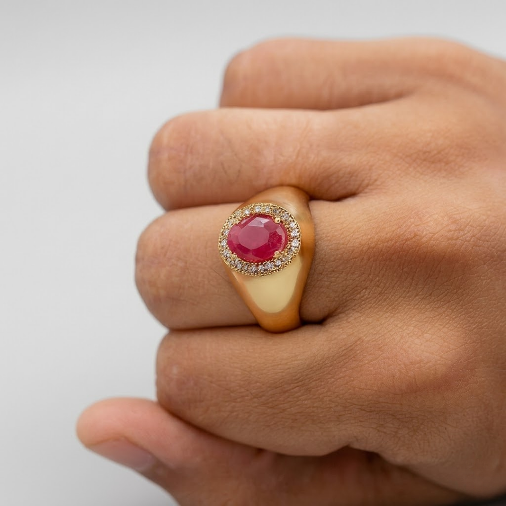 3.30 Ct. Lab-Grown Diamond & Oval Cut Ruby Halo Men Ring