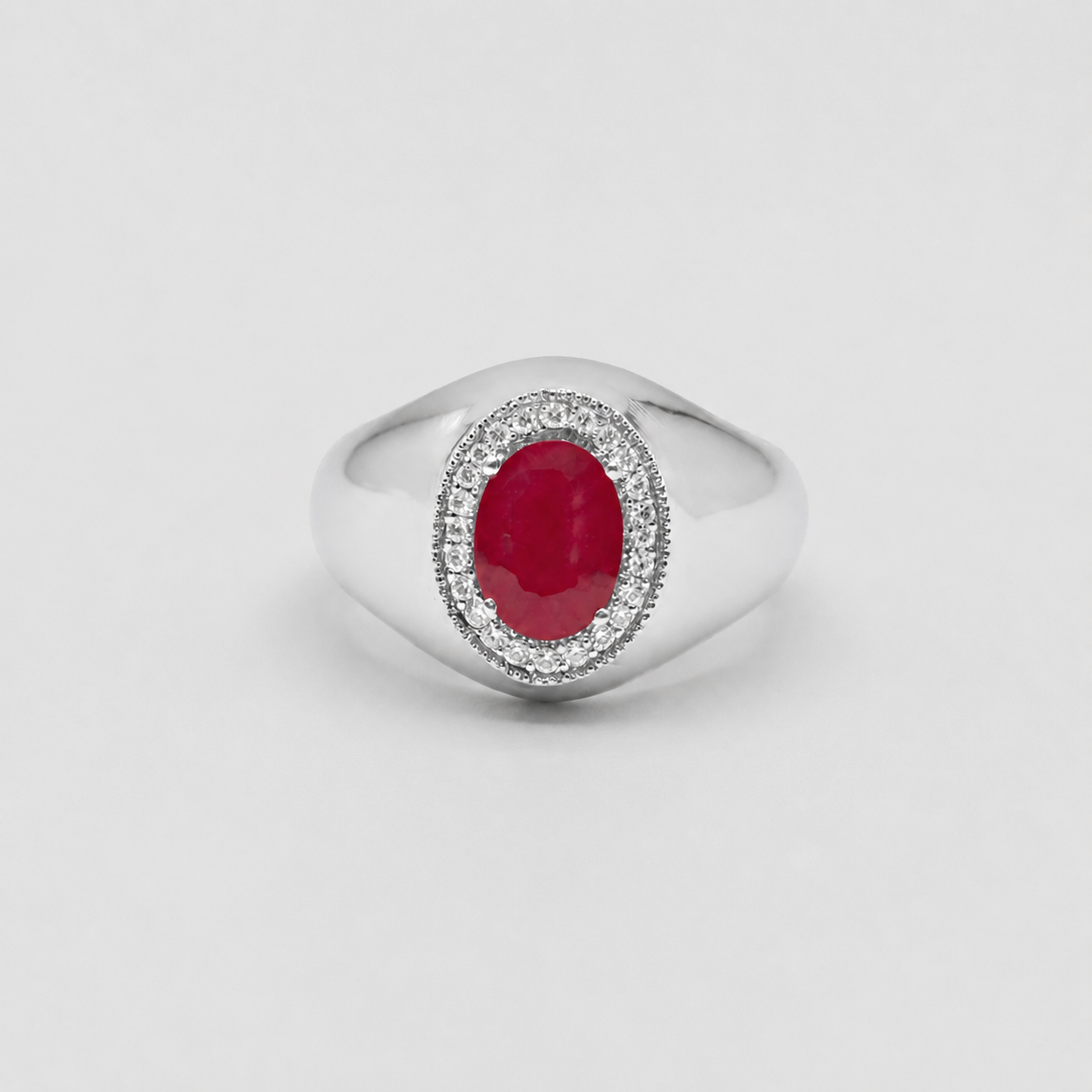 3.30 Ct. Lab-Grown Diamond & Oval Cut Ruby Halo Men Ring