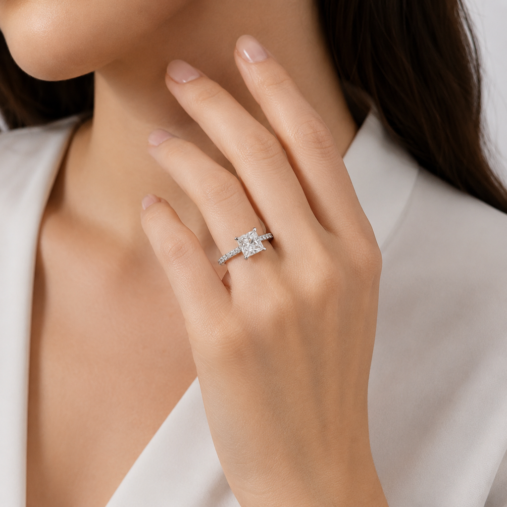 1.50 Ct. Lab Grown Diamond Princess Cut Solitaire with Accents Ring (VS-EF)