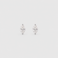 A pair of silver stud earrings with marquise-cut clear gemstones, set against a solid light gray background.