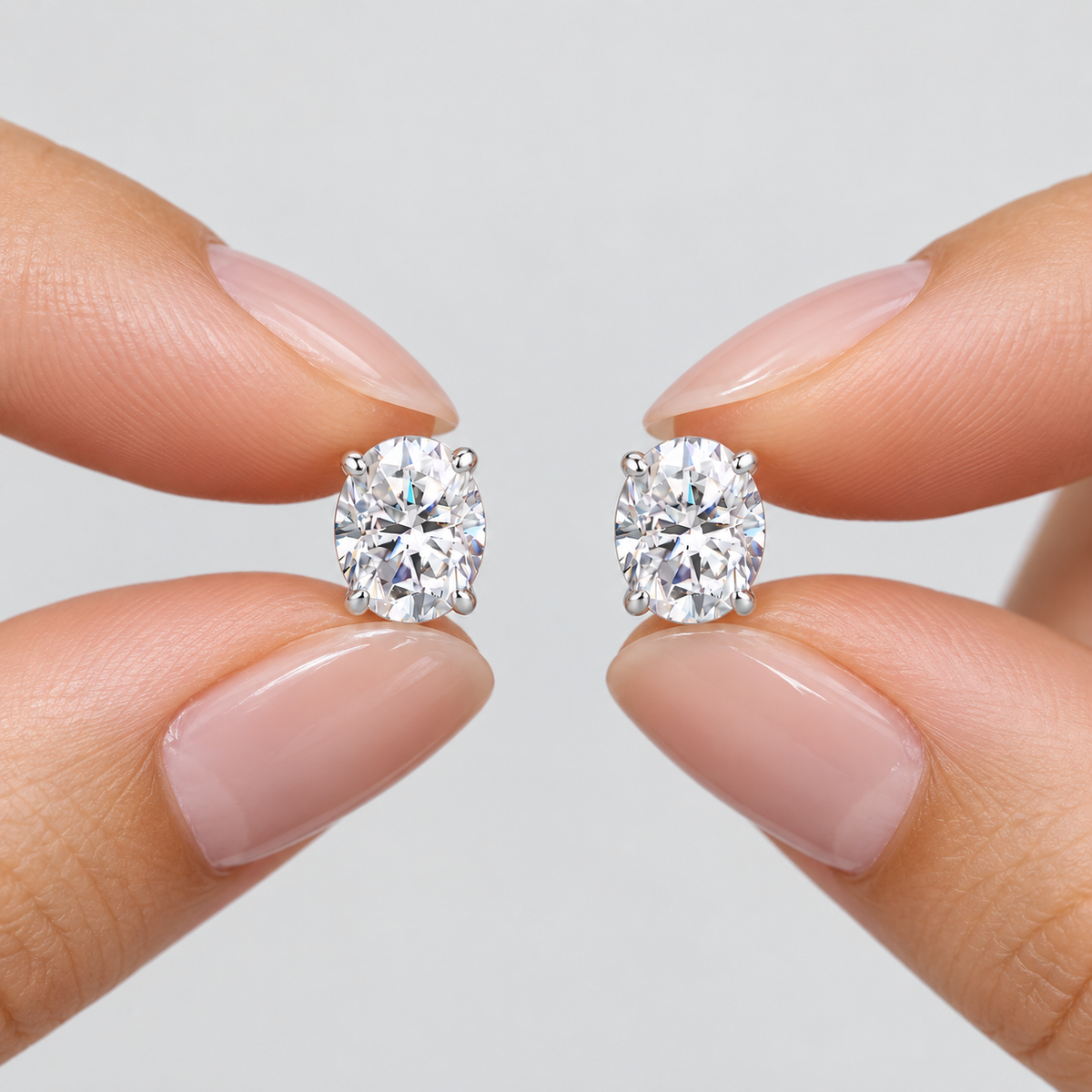 Two oval-cut diamond stud earrings held between fingers against a light gray background.