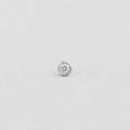A single round bezel-set diamond stud earring in a silver-toned metal, centered on a light gray background.