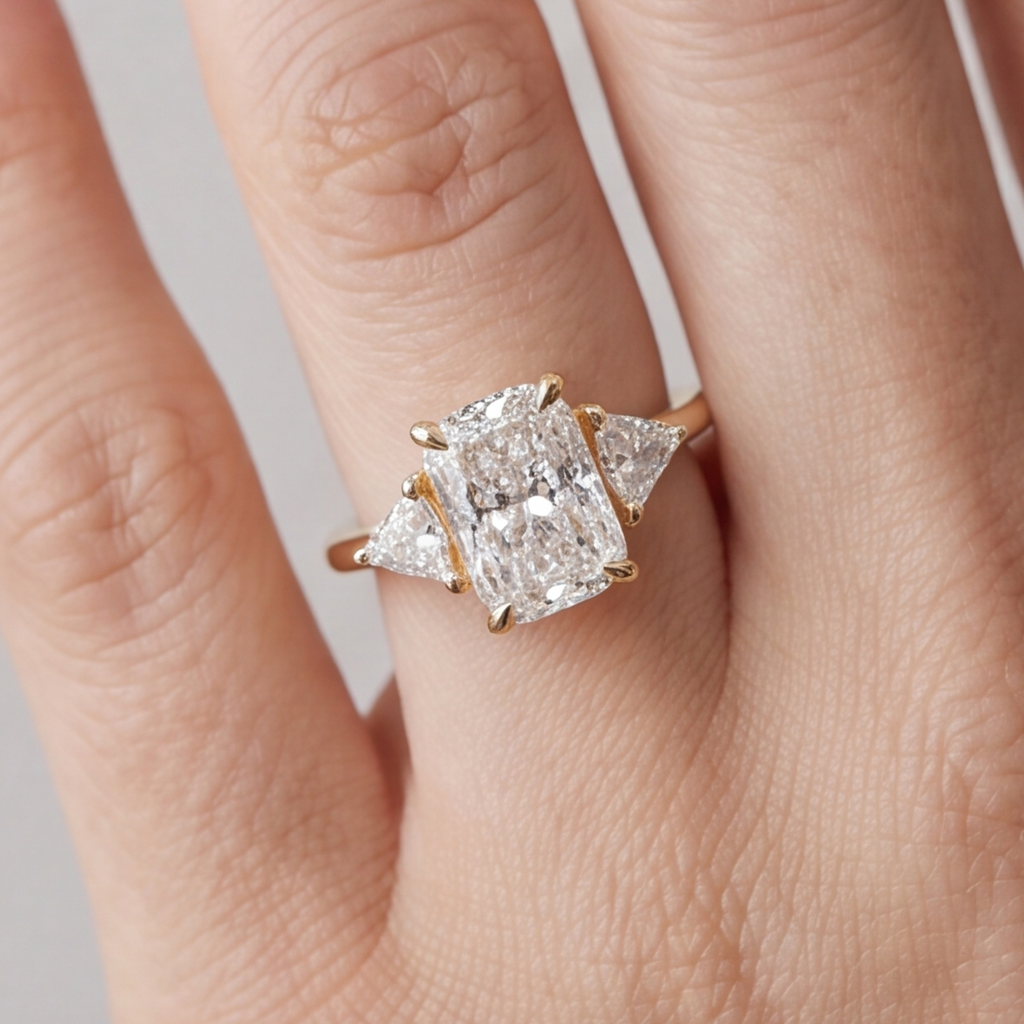 A close-up of a hand wearing a yellow gold ring featuring a large rectangular radiant-cut diamond center stone with two smaller triangle-cut diamonds on either side.