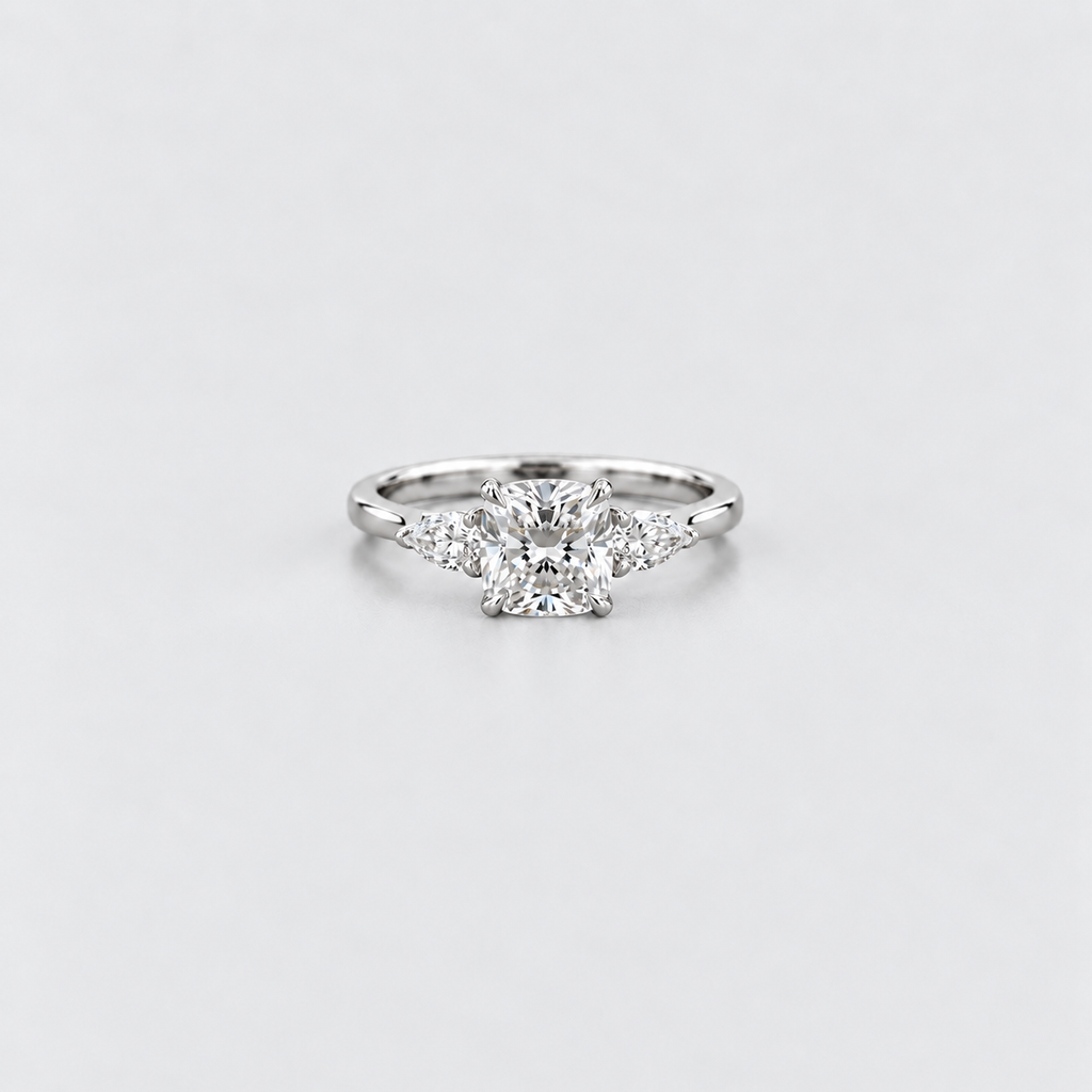 1.90 Ct Lab Grown Diamond Cushion & Pear Cut Three Stone Ring (VS-EF)