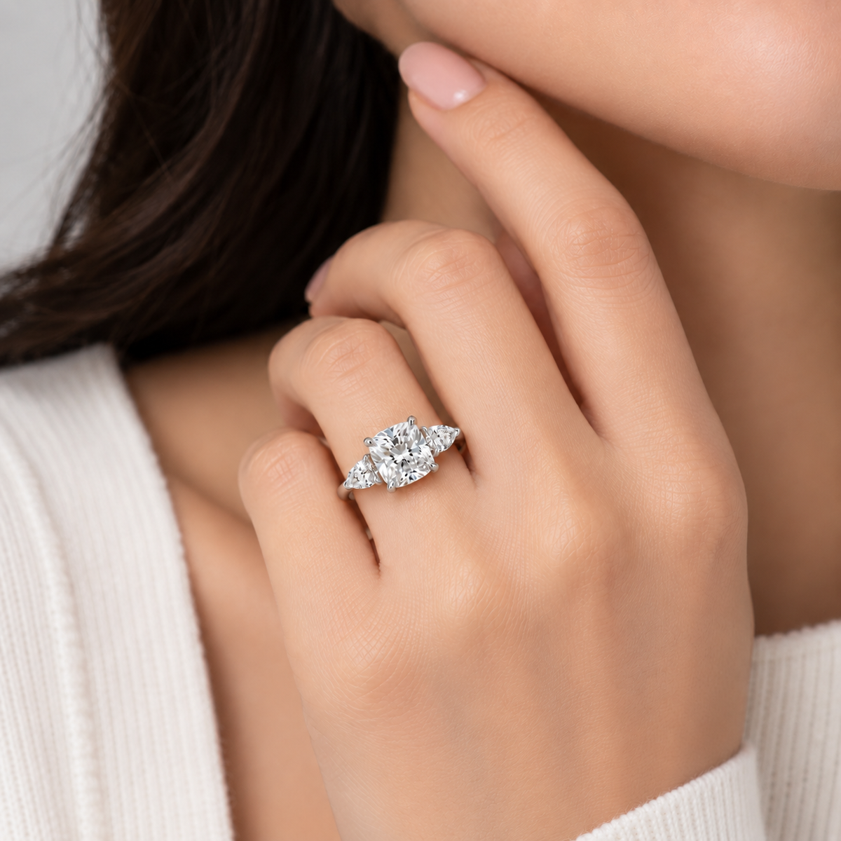 1.90 Ct Lab Grown Diamond Cushion & Pear Cut Three Stone Ring (VS-EF)