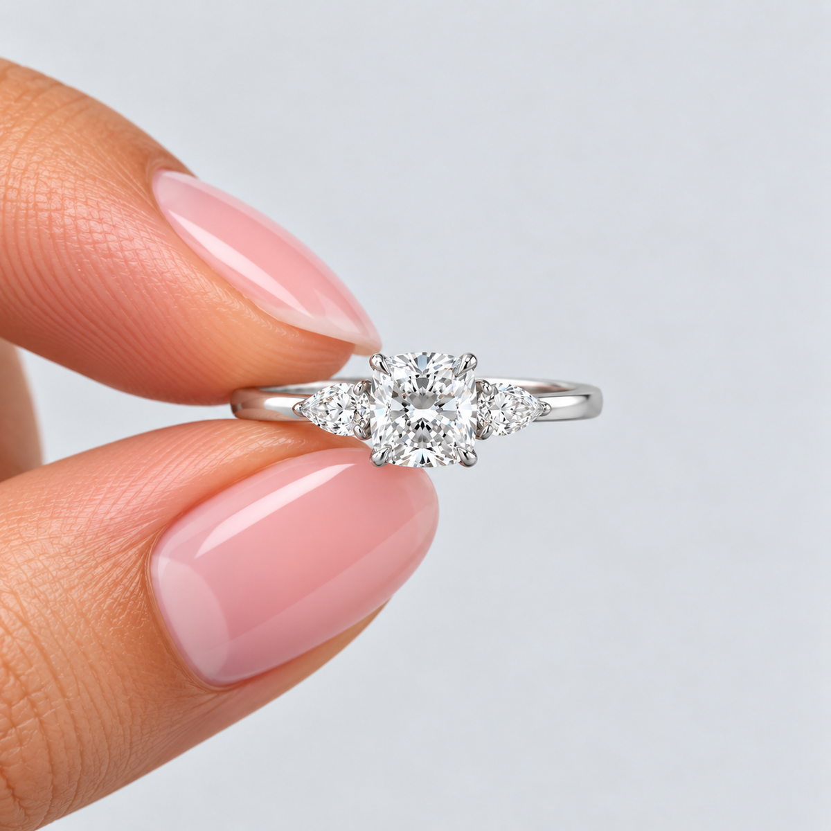 1.90 Ct Lab Grown Diamond Cushion & Pear Cut Three Stone Ring (VS-EF)
