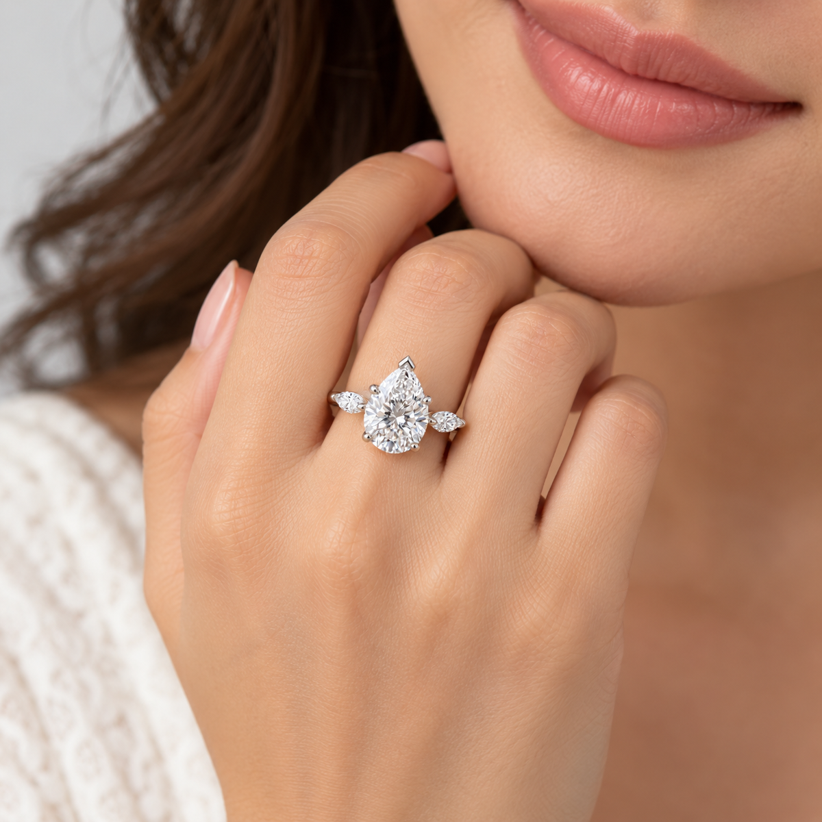 3.13 Ct. Lab Grown Diamond Three Stone Ring Pear & Marquise (VS-EF)