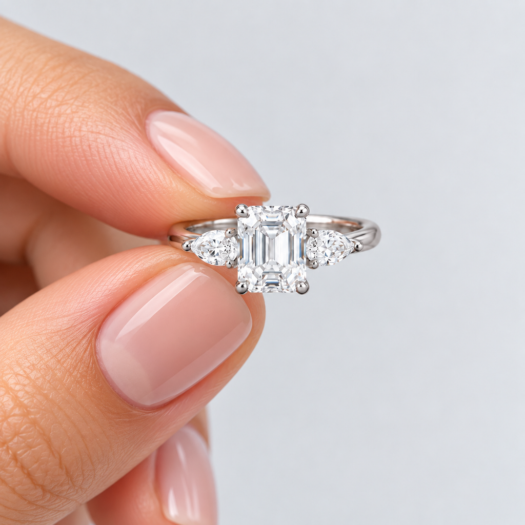 1.90 Ct. Lab Grown Diamond Emerald & Pear Three Stone Ring (VS-EF)