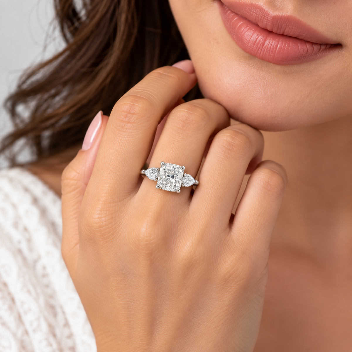 2.40 Ct. Lab Grown Diamond Cushion & Pear Cut Three Stone Ring (VS-EF)