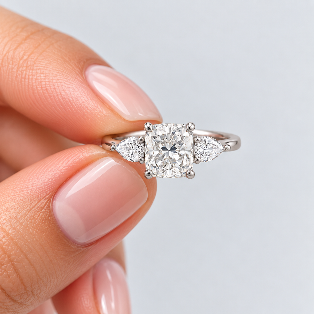 2.40 Ct. Lab Grown Diamond Cushion & Pear Cut Three Stone Ring (VS-EF)