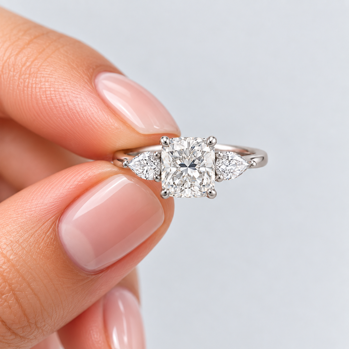 2.40 Ct. Lab Grown Diamond Cushion & Pear Cut Three Stone Ring (VS-EF)