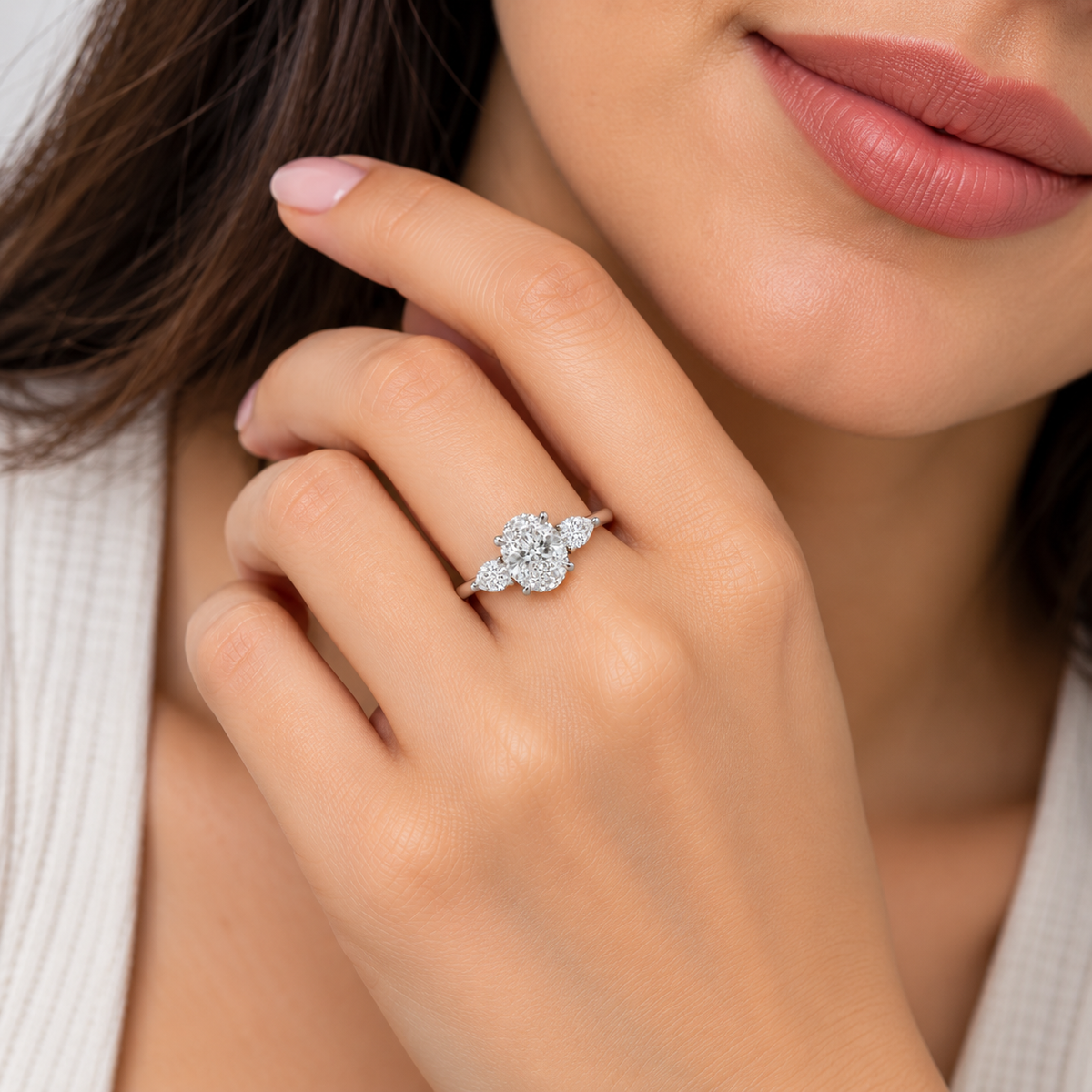 1.30 Ct. Lab Grown Diamond Oval & Pear Three Stone Ring (VS-EF)