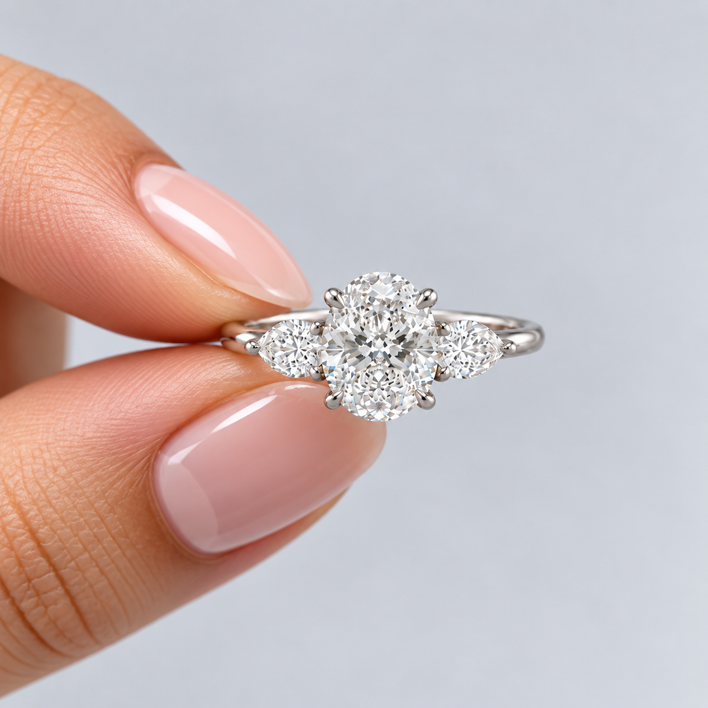 1.30 Ct. Lab Grown Diamond Oval & Pear Three Stone Ring (VS-EF)