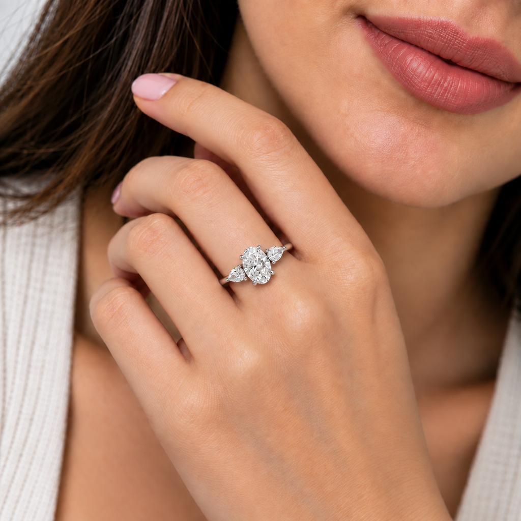 1.50 Ct. Lab Grown Diamond Three Stone Ring Oval & Pear Cut (VS-EF)