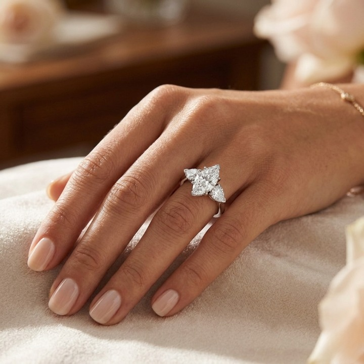 A close-up of a hand wearing a silver-toned ring with a four-petal diamond cluster, resting on a soft cream-colored fabric.