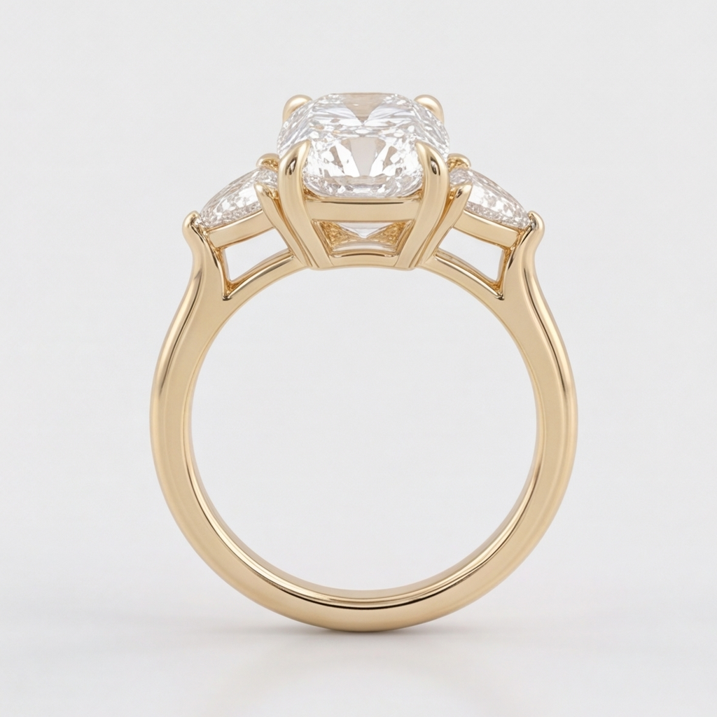 A yellow gold ring featuring a large cushion-cut clear center stone with two smaller round side stones, shown on a clean white background.