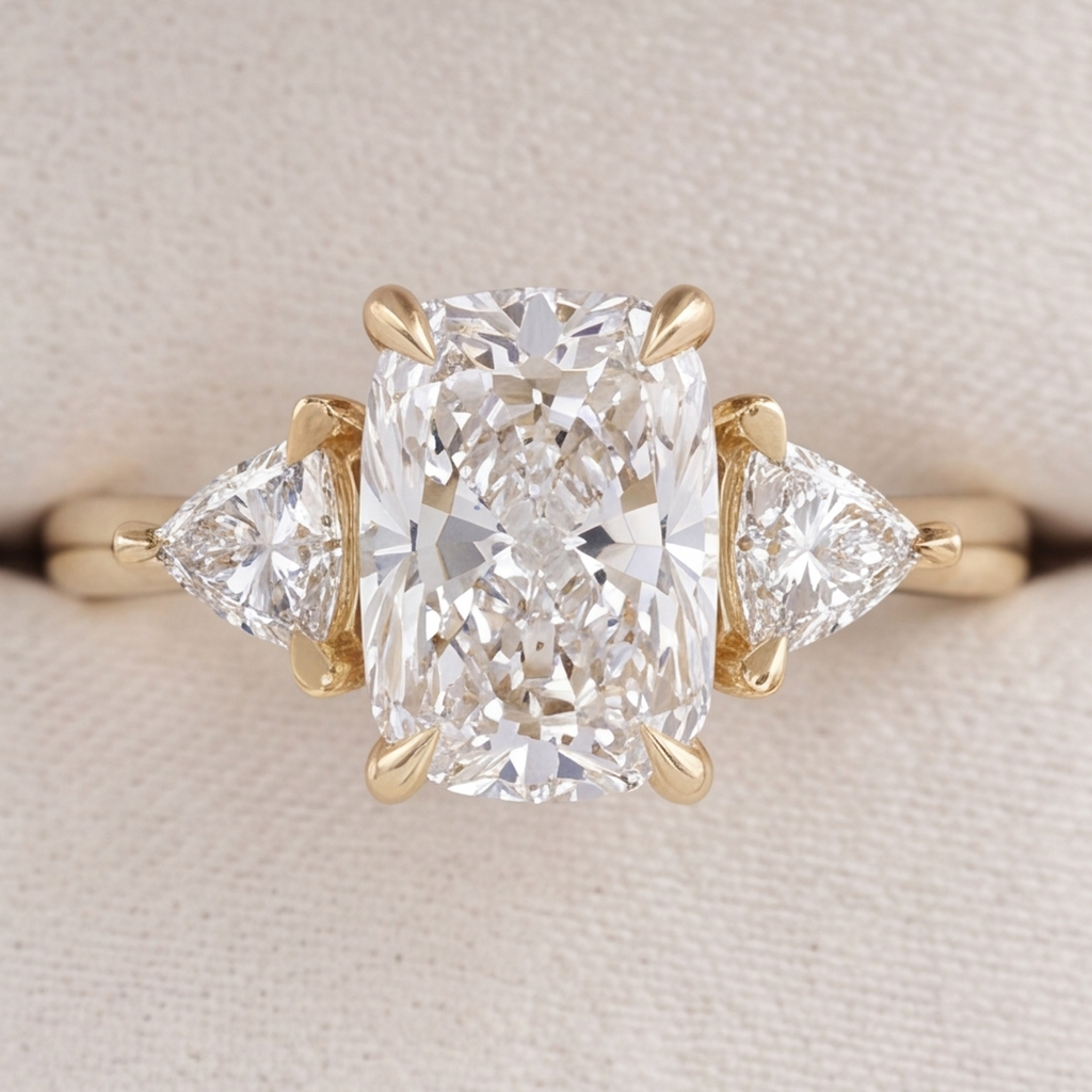 A yellow gold three-stone ring featuring a large cushion-cut center diamond flanked by two smaller pear-cut diamonds, displayed on a textured beige ring stand.