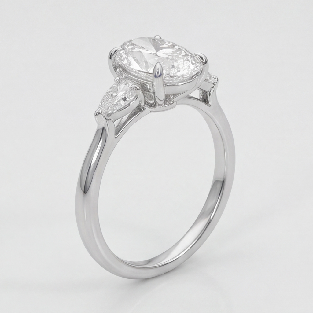 A silver-toned diamond ring featuring a large oval-cut center stone and two smaller marquise-cut side stones, shown on a clean light gray background.