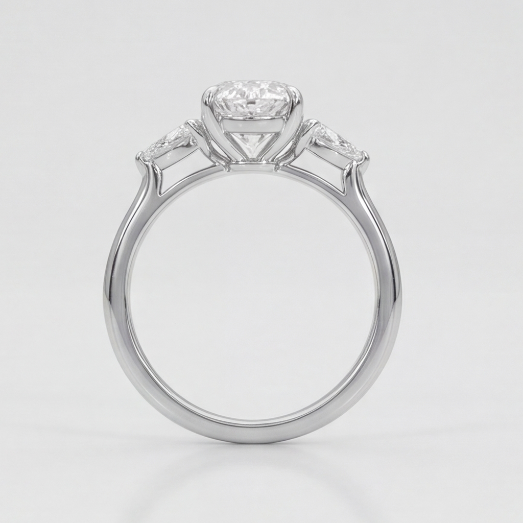 A silver-toned solitaire engagement ring with a round-cut center stone and smaller side stones, shown on a clean light gray background.