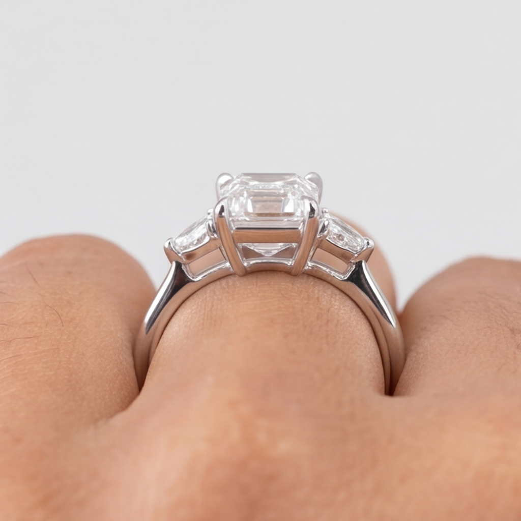 A silver-toned ring with a large rectangular clear center stone and smaller side stones, shown worn on a finger against a light gray background.