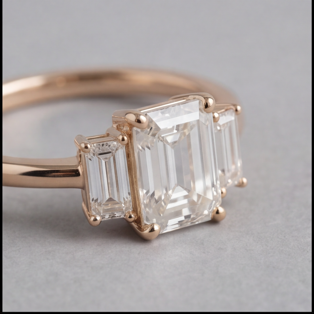 3 Ct. Lab-Grown Diamond Three Stone Ring Emerald Cut Ring (VS-EF)