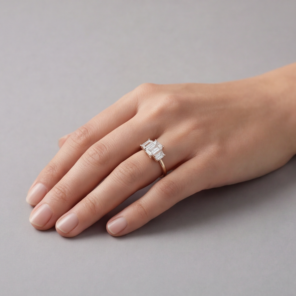 3 Ct. Lab-Grown Diamond Three Stone Ring Emerald Cut Ring (VS-EF)