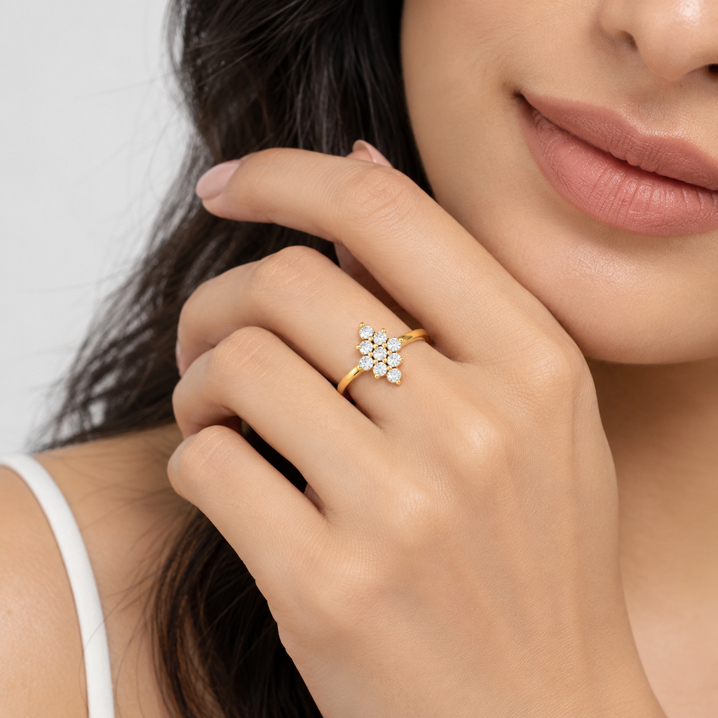 A close-up lifestyle shot of a woman's hand wearing a delicate gold ring with a small cluster of clear gemstones, set against a soft, light gray background.