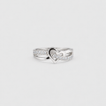 A silver ring featuring a central open heart design paved with small clear stones, set against a plain light gray background.