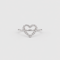 A silver heart-shaped ring with a pavé diamond border, photographed on a clean, light gray background.