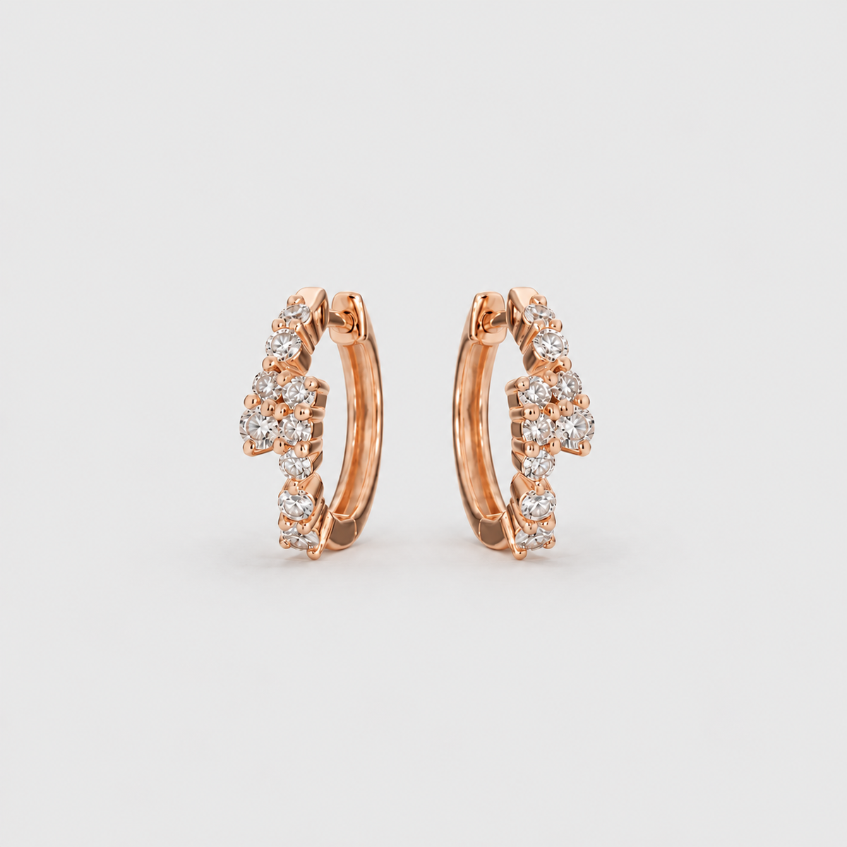 Pair of round cut lab grown diamond cluster hoop earrings with prong-set stones, rose gold, by Uwajh Jewels