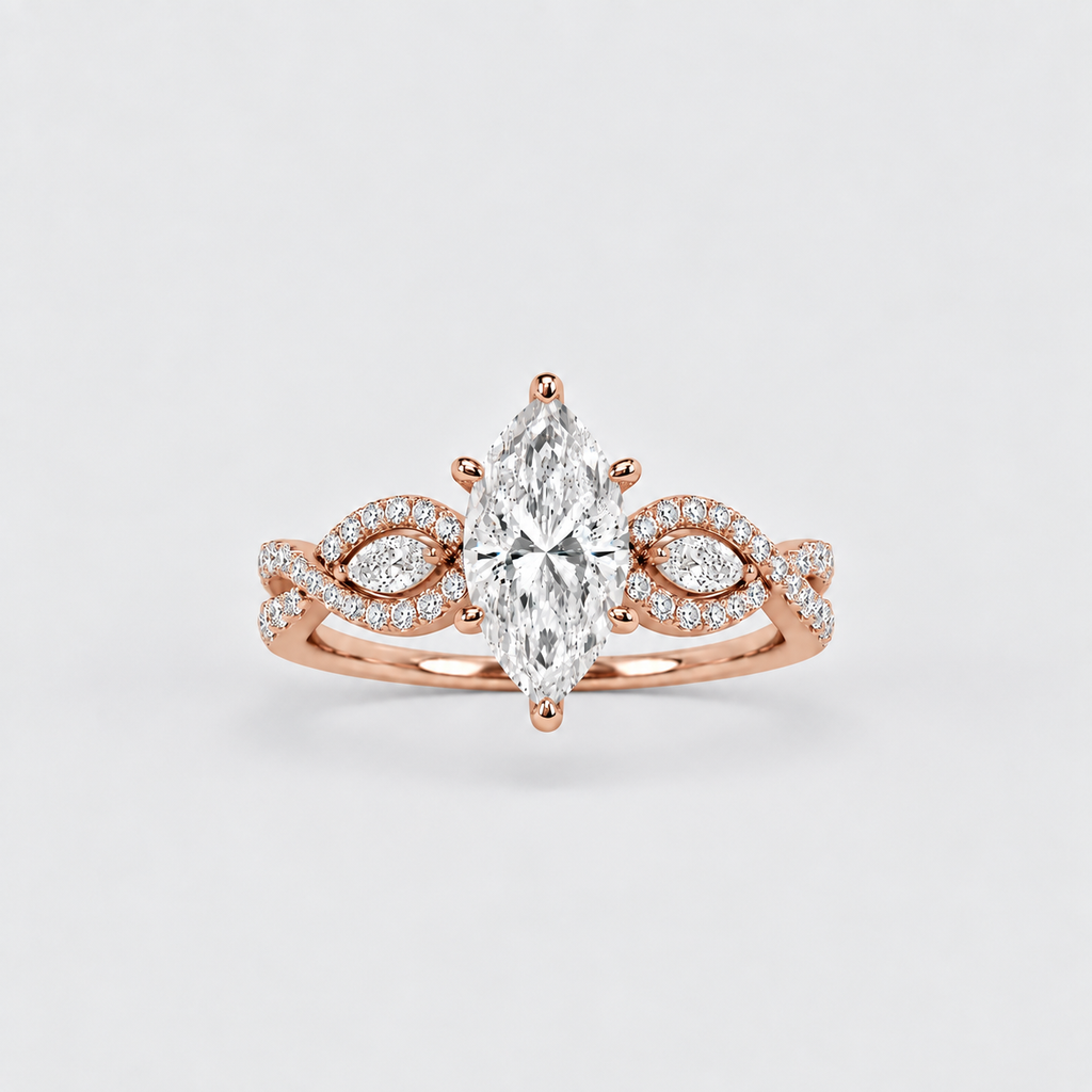 A rose gold ring with a marquise-cut diamond center stone and pavé-set diamonds along a twisted band, shown on a light gray background.