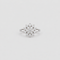 A silver-toned diamond ring with a round cluster of clear gemstones on a plain light gray background.