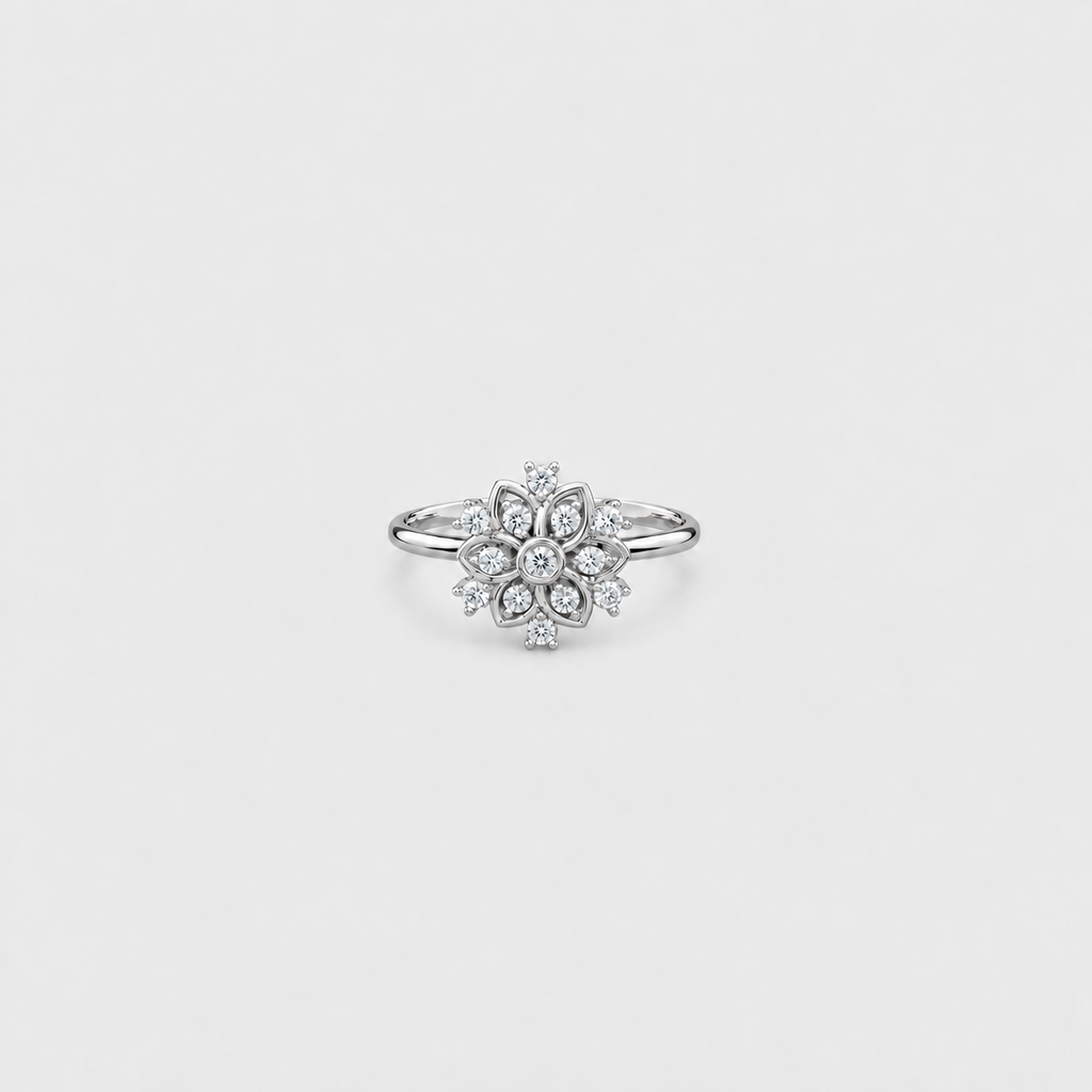 Women's white gold diamond cluster engagement ring with flower pattern band