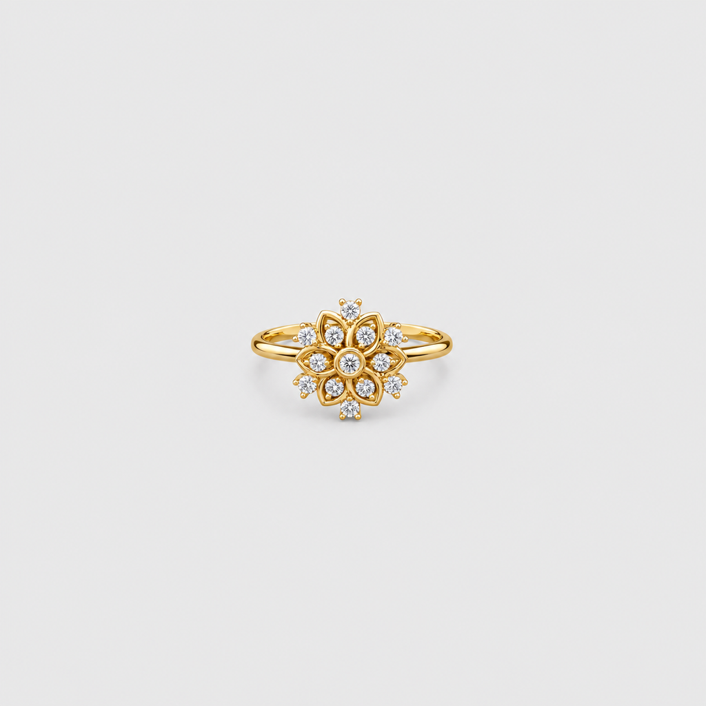 Women's cluster diamond ring in a yellow gold flower setting