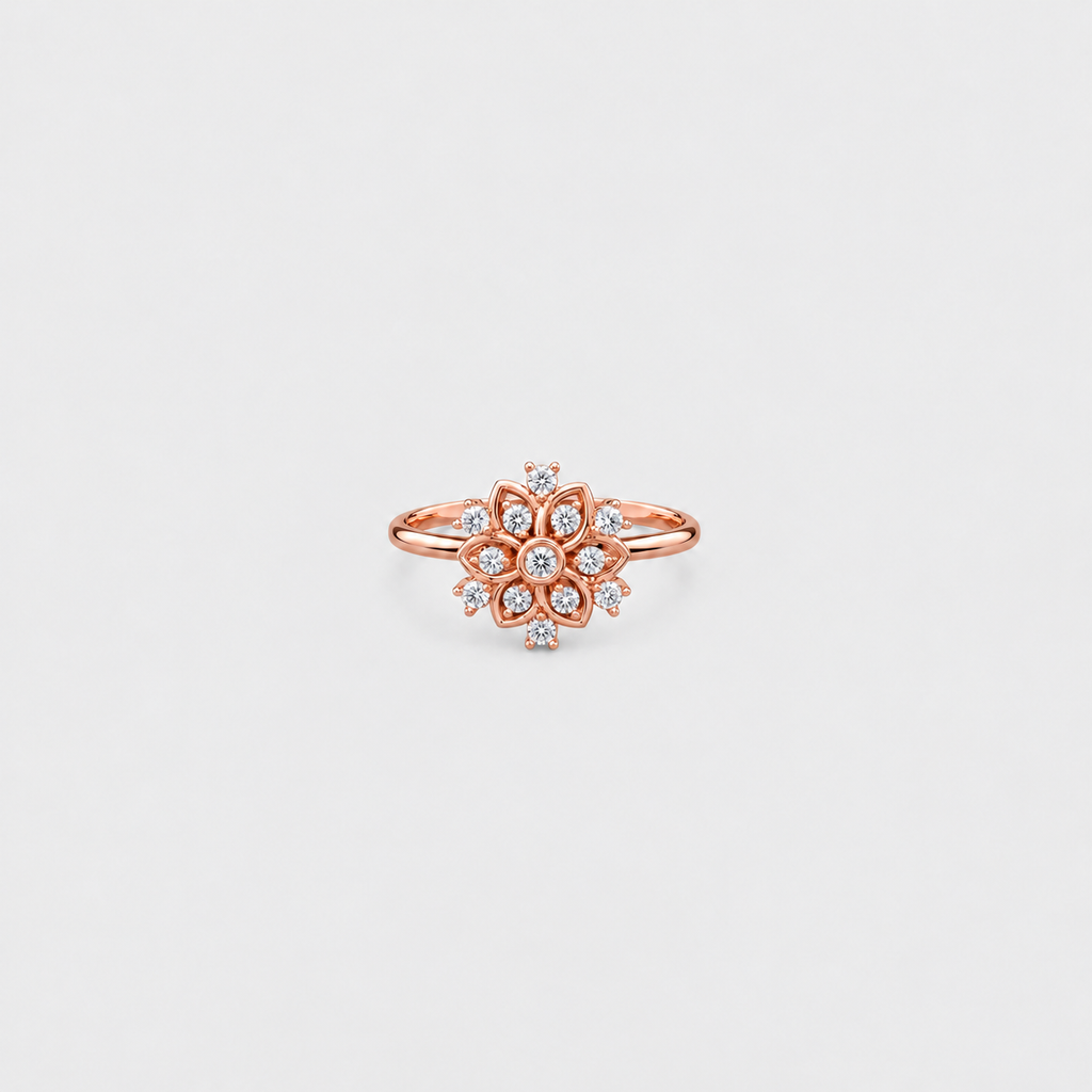 Women's rose gold cluster diamond ring with floral pattern and split shank band