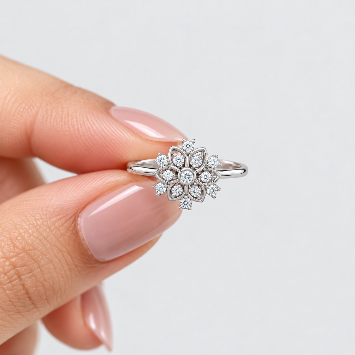 Round and marquise lab grown diamond cluster floral engagement ring in white gold