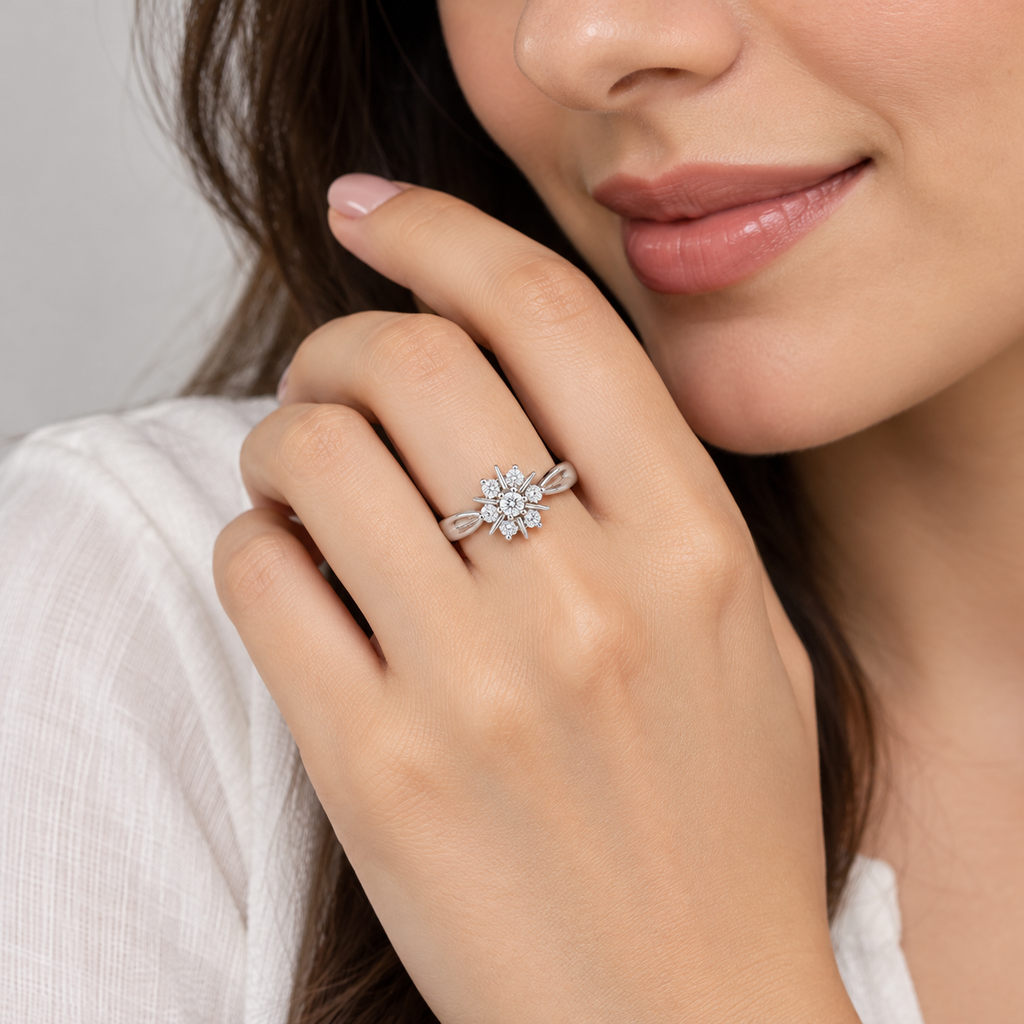 Women's diamond cluster statement ring in white gold on model's finger.
