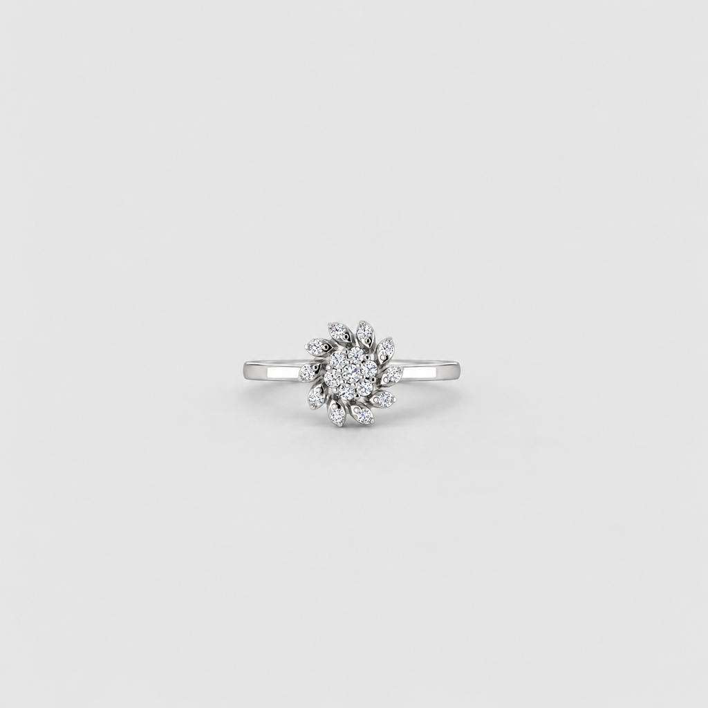Women's white gold diamond cluster ring with a split shank band