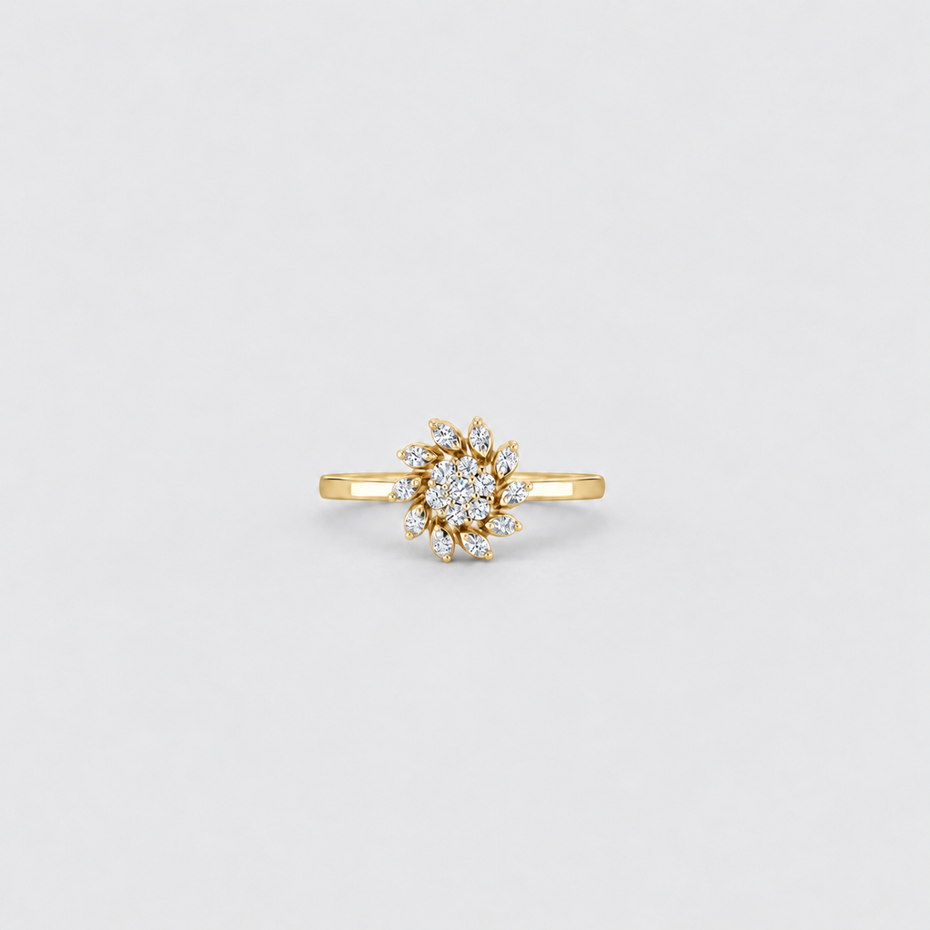 Gold cluster diamond ring for women with a floral starburst design